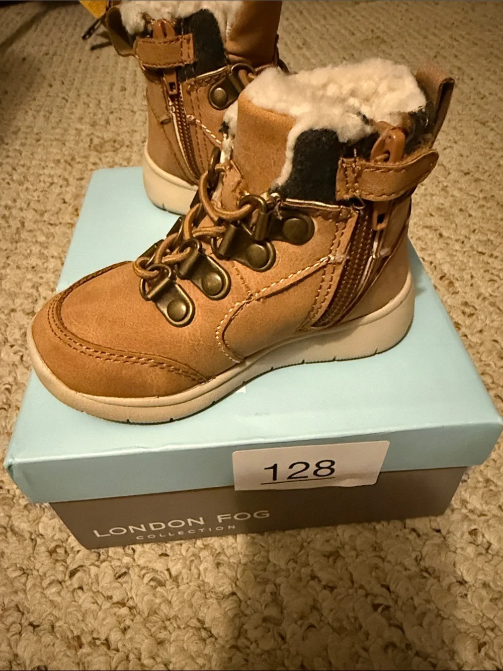 London Fog Kids Tan Faux-Fur Collar Lace-Up Winter Boots